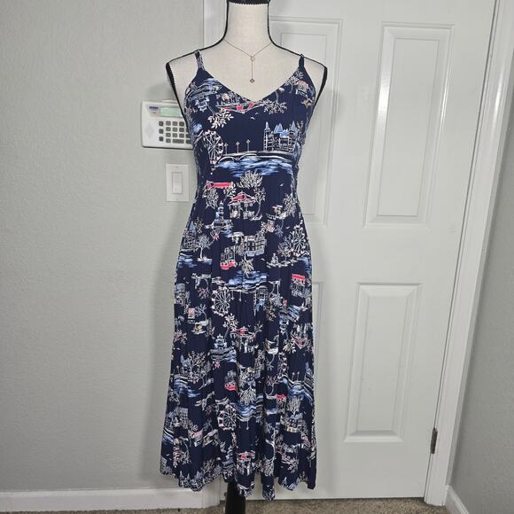 Old Navy Dresses & Skirts - Old Navy Blue Scenic Print Midi Dress Sz S Strapy sleeves Tropical Resortwear